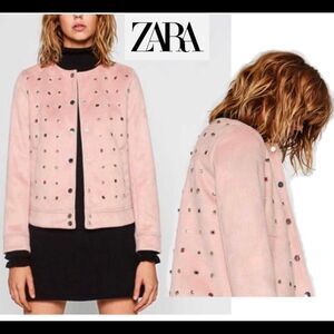 ZARA pastel dusty rose blush pink faux suede studded moto jacket Sz S